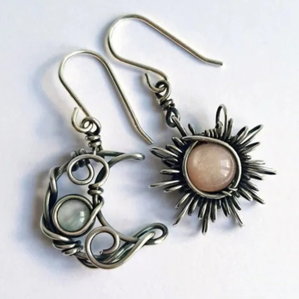 Handmade Moonstone & Antique Silver Wire Crescent Moon and Sun Dangle Earrings - Picture 2 of 5